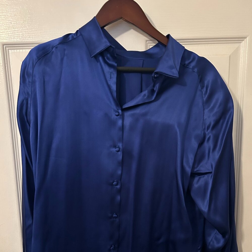 Sarah Rowland 100% Silk Blouse, Size 14, Long Sleeve, Royal Blue